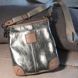 COACH silver metallic leather crossbody handbag